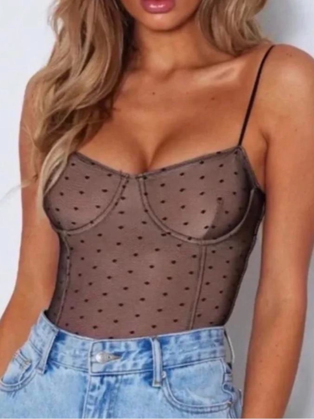 Black and nude Polka Dot Mesh Bodysuit Corset